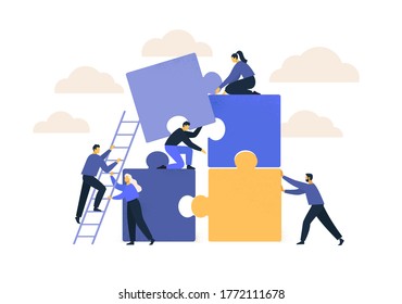 Business concept. Team metaphor. people connecting puzzle elements. Vector illustration flat design style. Symbol of teamwork, cooperation, partnership.