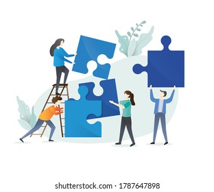 Business concept. Team metaphor. people connecting puzzle elements. Vector illustration flat design style. Symbol of teamwork, cooperation, partnership. flat style design isolated on white background