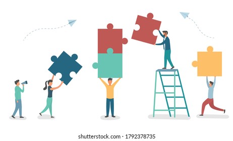 Business concept. Team metaphor. people connecting puzzle elements. Vector illustration flat design style. Symbol of teamwork, cooperation, partnership.