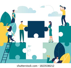 Business concept. Team metaphor. people connecting puzzle elements. Vector illustration flat design style. Symbol of teamwork, cooperation, partnership.