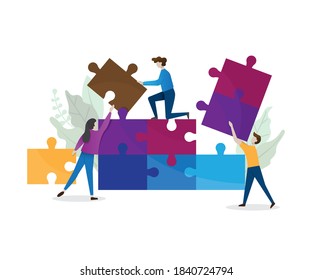 Business concept. Team metaphor. people connecting puzzle elements. Vector illustration flat design style. Symbol of teamwork, cooperation, partnership. flat style design isolated on white background