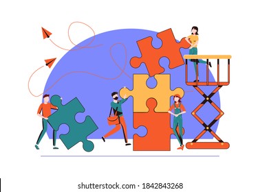 Business concept. Team metaphor. people connecting puzzle elements. Vector illustration flat design style. Symbol of teamwork, cooperation, partnership vector