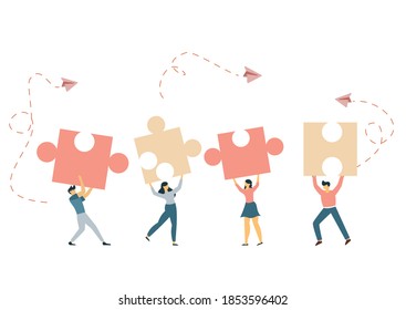 Business concept. Team metaphor. people connecting puzzle elements. Vector illustration flat design style. Symbol of teamwork, cooperation, partnership vector