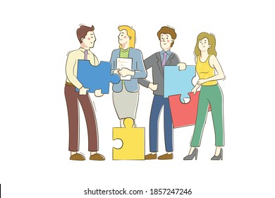 Business concept. Team metaphor. people connecting puzzle elements. Vector illustration flat design style. Symbol of teamwork, cooperation, partnership.