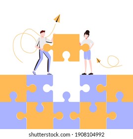 Business concept. Team metaphor. people connecting puzzle elements. Vector illustration flat design style. Symbol of teamwork, cooperation, partnership.