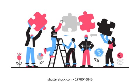 Business concept. Team metaphor. people connecting puzzle. Vector illustration flat design style. Symbol of teamwork, cooperation, partnership.