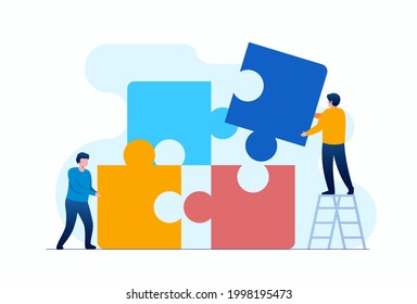 Business concept. Team metaphor. people connecting puzzle elements. Symbol of teamwork, cooperation, partnership. Vector illustration flat design template. 
