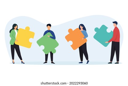 Business concept. Team metaphor. People connecting puzzle elements. Symbol of teamwork, cooperation, partnership vector. Web banner, mobile website, Landing Page