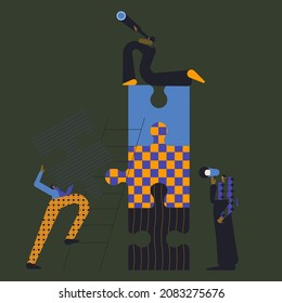 Business concept. Team metaphor. people connecting puzzle elements. Vector illustration flat design style. Symbol of teamwork, cooperation, partnership vector