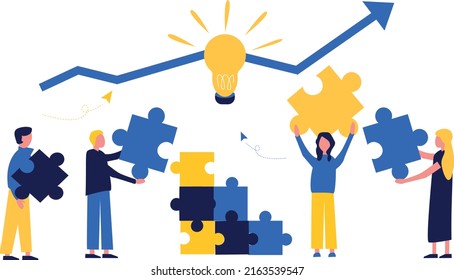 Business concept. Team metaphor. People connect puzzle elements.  Flat illustration in flat design style. Teamwork, collaboration, partnership. Businessmen working together and moving towards success.
