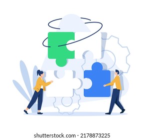 Business concept. Team metaphor. people connecting puzzle elements. Vector illustration flat design style. Symbol of teamwork, cooperation, partnership vector