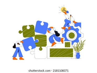 Business concept. Team metaphor. people connecting puzzle elements. Vector illustration flat design style. Symbol of teamwork, cooperation, partnership vector. Flat vector illustration