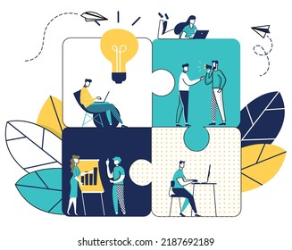 Business concept. Team metaphor. people connecting puzzle elements. Vector illustration flat design style. Symbol of teamwork, cooperation, partnership.