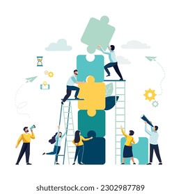 Business concept. Team metaphor. people connecting puzzle elements. Vector illustration flat design style. Goals and objectives, business grow and plan. Symbol of teamwork, cooperation, partnership