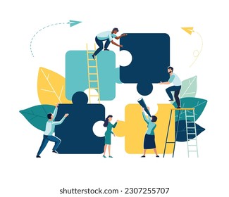 Business concept. Team metaphor. People connecting puzzle elements. Symbol of teamwork, cooperation, partnership. Concept of successful business.Vector illustration in flat design style, job, creative