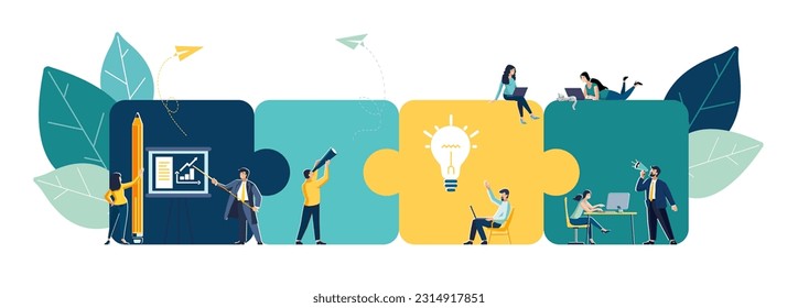 Business concept. Team metaphor. People connecting puzzle elements. Vector symbol of teamwork, cooperation, partnership. Concept of successful business. Vector illustration in flat design style, job