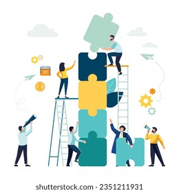 Business concept. Team metaphor. people connecting puzzle elements. Vector illustration flat design style. Goals and objectives, business grow and plan. Symbol of teamwork, cooperation, partnership