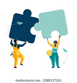 Business concept. Team metaphor. people connecting puzzle elements, African American girl, man. Vector illustration flat design style, banner, poster. Symbol of teamwork, cooperation, partnership