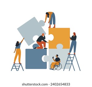 Business concept. Team metaphor. People connecting puzzle elements. Vector illustration flat design. Symbol teamwork, cooperation, partnership.