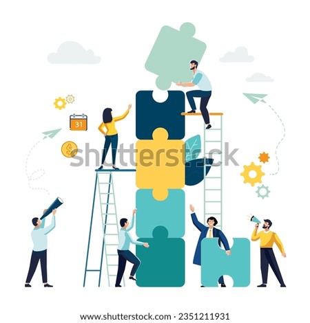 Business concept. Team metaphor. people connecting puzzle elements. Vector illustration flat design style. Goals and objectives, business grow and plan. Symbol of teamwork, cooperation, partnership