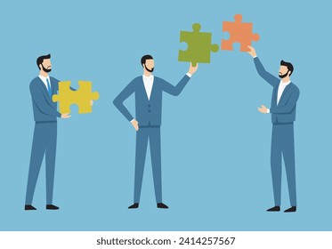 Business concept. Team metaphor. The person who connects the puzzle elements. Vector illustration flat design style. Symbol of teamwork, cooperation, partnership vector