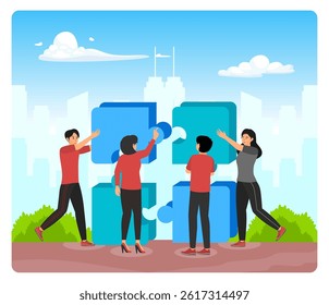 Business concept. Team metaphor. Team working together to complete a puzzle in a park setting. Depicts teamwork and problem solving. Flat vector modern illustration 