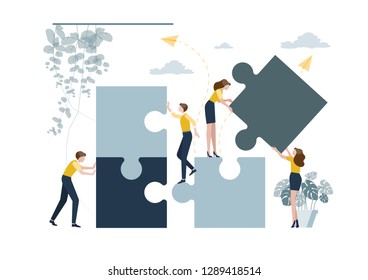 Business concept. Team people connecting puzzle elements.  Symbol of teamwork, cooperation, partnership. Vector ililustration.