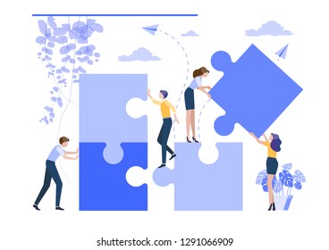 Business concept. Team people connecting puzzle elements.  Symbol of teamwork, cooperation, partnership. Vector ililustration.