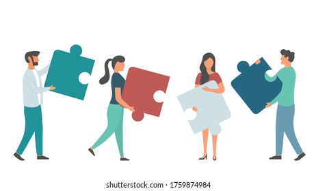 Business concept. Team people connecting puzzle elements. Vector illustration flat design style. Symbol of teamwork, cooperation, partnership. Illustration about business and finance