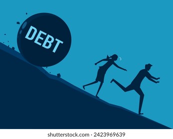 Business concept. Business team running from debt ball rolling down 