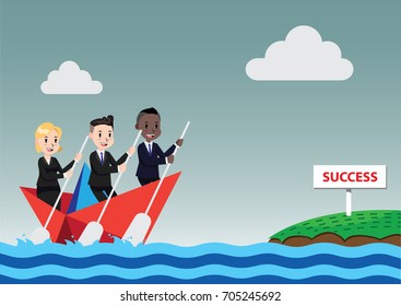 Business Concept. Business Team Together rowing the paper boat to shore.