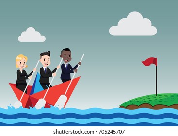 Business Concept. Business Team Together rowing the paper boat to shore.