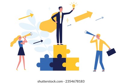 Business concept. Team. Virtual business assistant.  Flat illustration. Teamwork  on performance, brainstorming, collaboration, partnership. Businessmen working together and moving towards success.