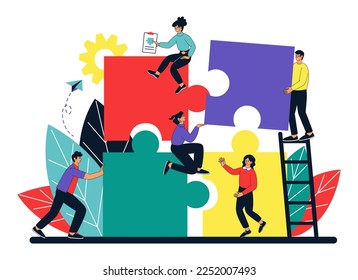 Business concept, team work, people connect huge puzzle. Partnership and cooperation in teamwork, building pieces together, creative professional challenge. Vector illustration tidy