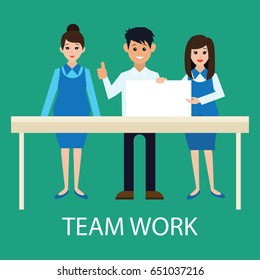 business concept / team work showing team work man and woman while working in room with office interior, vector illustration