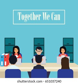 business concept / team work showing team work man and woman while working in room with office interior, vector illustration