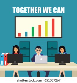business concept / team work showing team work man and woman while working in room with office interior, vector illustration