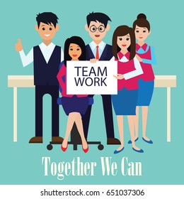 business concept / team work showing team work man and woman while working in room with office interior, vector illustration
