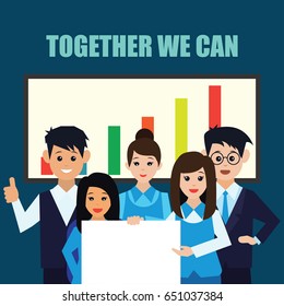 business concept / team work showing team work man and woman while working in room with office interior, vector illustration