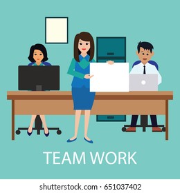 business concept / team work showing team work man and woman while working in room with office interior, vector illustration
