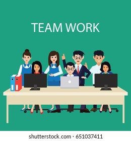 business concept / team work showing team work man and woman while working in room with office interior, vector illustration