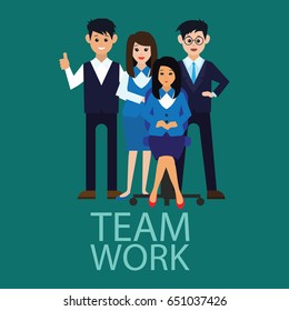 business concept / team work showing team work man and woman while working in room with office interior, vector illustration