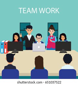 business concept / team work showing team work man and woman while working in room with office interior, vector illustration