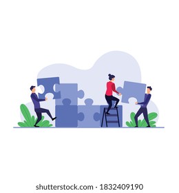 Concepto de negocio. Ilustración vectorial de trabajo en equipo, generación y conexión de elementos del rompecabezas. Adecuado para necesidades de diseño como afiche, diseño web, página de inicio, etc.
