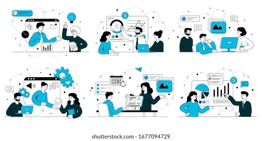 Business concept with teams brainstorming together working on developing new projects or doing a presentation with graphs, set of four vector illustrations