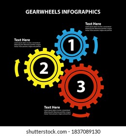 Business Concept / Teamwork - 3 Bright Gearwheels with Arrows on black background, Vector Infographic