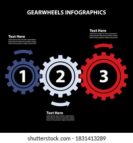 Business Concept / Teamwork - 5 Bright Gearwheels with Arrows on black background, Vector Infographic