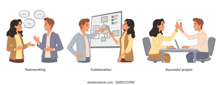 Business Concept of teamwork and collaboration for successful project. Men and women taking part in office work scenes. Vector illustration
