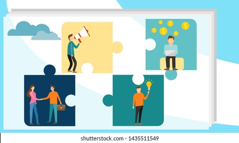 Business concept. Teamwork to connect the puzzle. Team metaphor. People connecting puzzle elements. People perform various actions in the puzzle elements. Symbol of teamwork, partnership. 