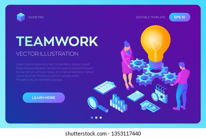 Business concept for teamwork, cooperation, partnership. Creative Idea. Isometric Idea concept. Light bulb with gears. Vector illustration infographic template with people, team, light bulb and icon.